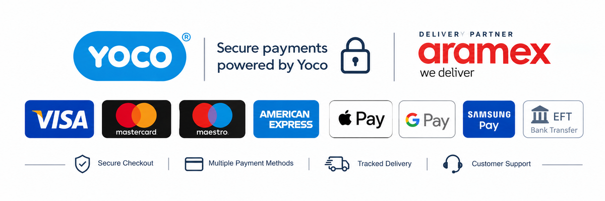 Secure payments powered by Yoco with Visa, Mastercard, Maestro, American Express, Apple Pay, Google Pay, Samsung Pay and EFT Bank Transfer
